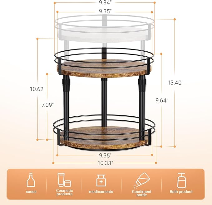 Across-Star Lazy-Susan-Organizer-Spice-Rack, 2-Tier Rotating Spice Organizer For Kitchen-Cabinet-Countertop-Pantry, Turntable Seasoning Holder Storage Shelf With Adjustable Height