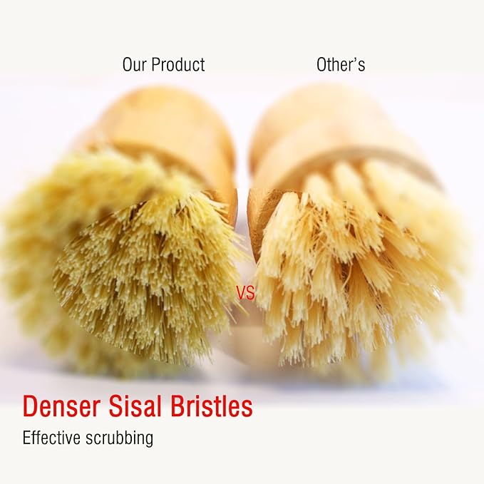 JouiiSiYa Natural Bristle Dish Brush Set, 1 Wooden Dish Brush and 1 Bamboo Dish Brush with 1 Bamboo Drainer Tray, All Circle Kitchen Scrub Brush for Dishes