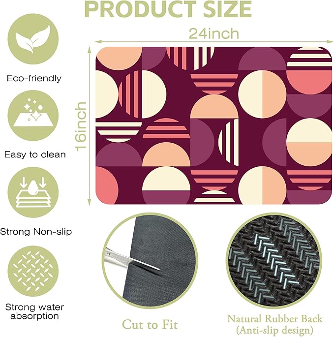 Kitchen Mat Circles in Pink Purple Dish Drying Mat 16"x24" Bsorbent Coffee Maker Mat for Sink Dishes or Under Rack Kitchen Counter Accessories Absorbent Hide Stain Rubber Backed Dish Drying Pad