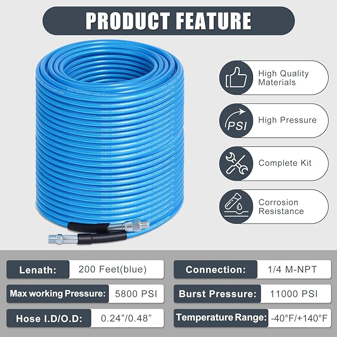 200 FT Sewer Jetter Kit for Pressure Washer, 5800PSI Water Jet Drain Cleaner Hose, 1/4 Inch NPT Corner with 4 Sewer Jetting Nozzles, Pearl Corsage Pin, Waterproof Tape, Handle Strap&2 Spanner (Blue)