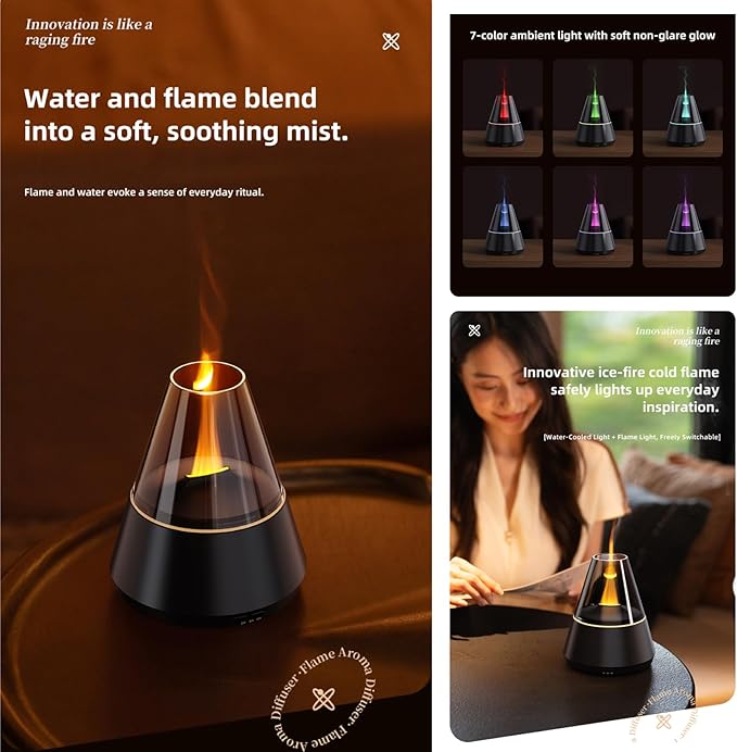 Ultrasonic Aroma Diffuser with Simulated Flame, 150ml, Timer and Auto-Off, LED Ambient Light (White)
