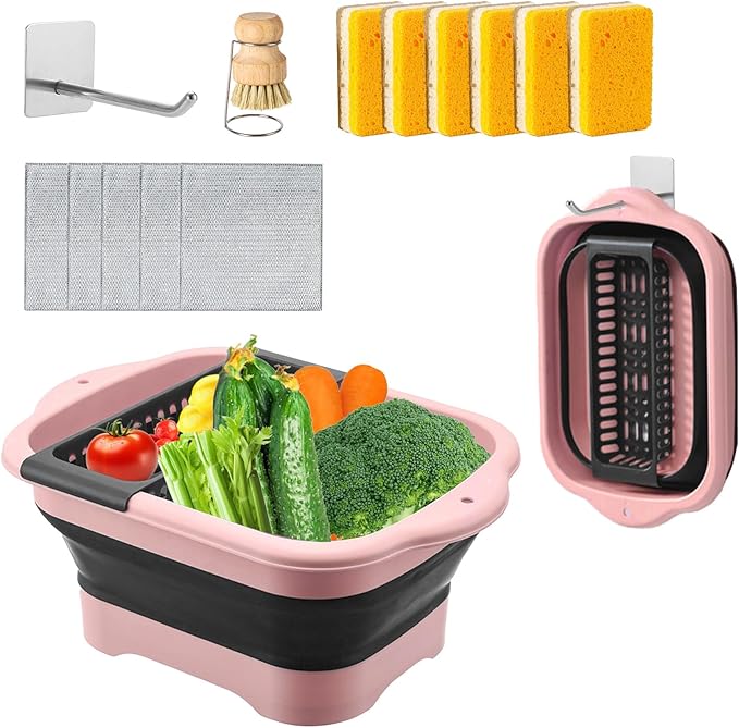 Collapsible Dish Basin & Wash Basin – 11L(2.91 Gal) Portable Sink with Drain Plug, Foldable Kitchen/Camping Sink for Dishwashing, Vegetable, RV, Camping & Outdoor Use (PINK)