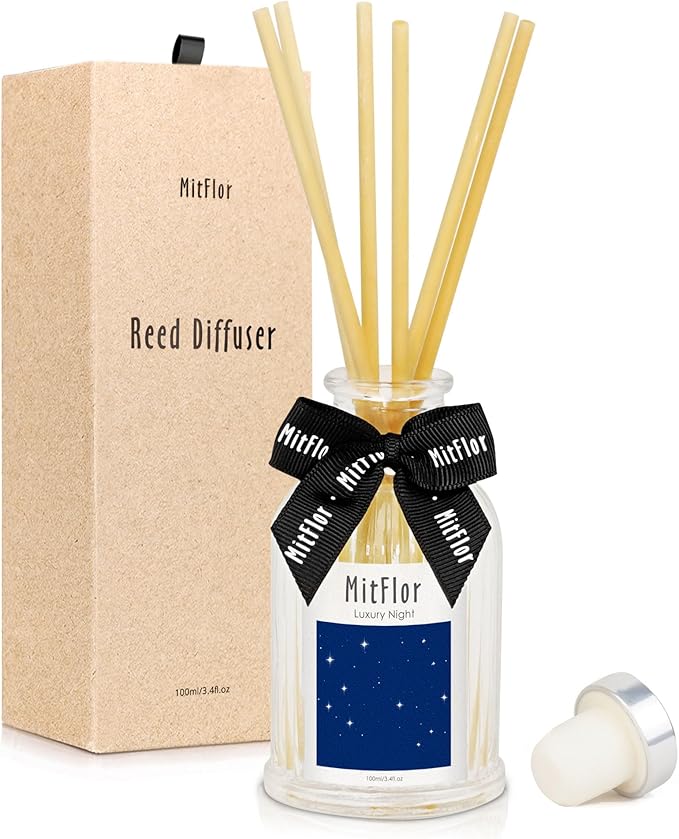 Reed Diffuser, MitFlor Luxury Night Air Freshener Diffuser for Shelf Decor, Hotel Collection Diffuser Oil - Apple, Berry, Jasmine, Musk, Oakmoss - 3.4 fl oz