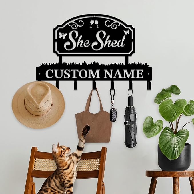 Personalized She Shed Metal Keys Hooks,Custom Name Metal She Shed Keys Hooks,Black Metal She Shed Wall Home Storage Decorative Keys Hooks,Key Holder Hooks for Wall (Style K)