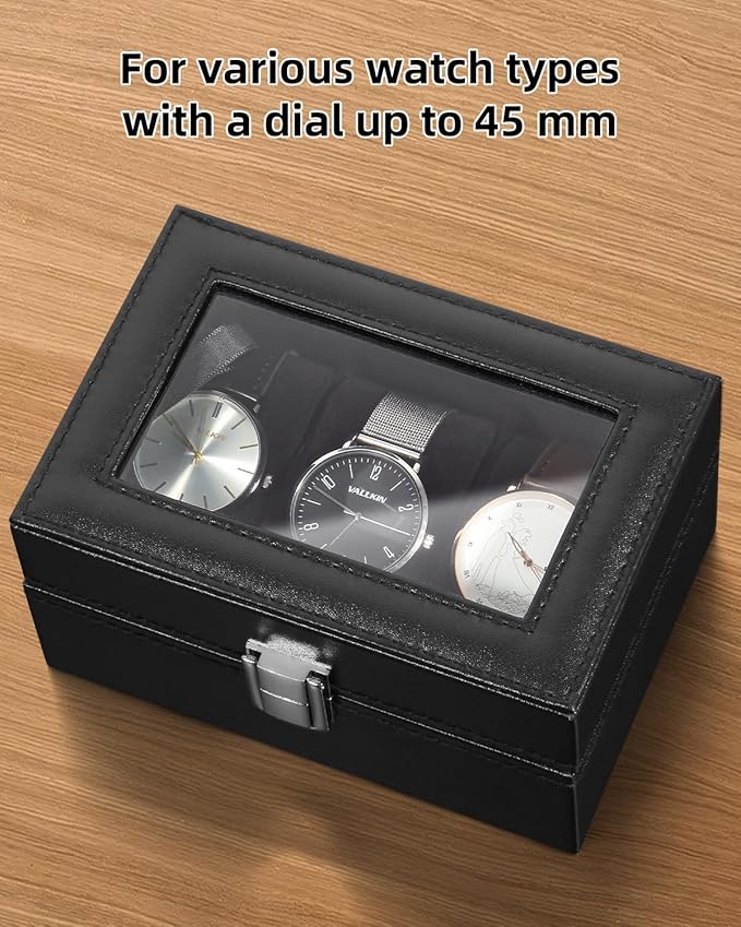 Uten 3-Slot Watch Box, PU Leather Watch Case with Glass Lid, Watch Holder Organizer with Soft Pillow and Velvet Lining, Watch and Jewelry Storage Box, Black