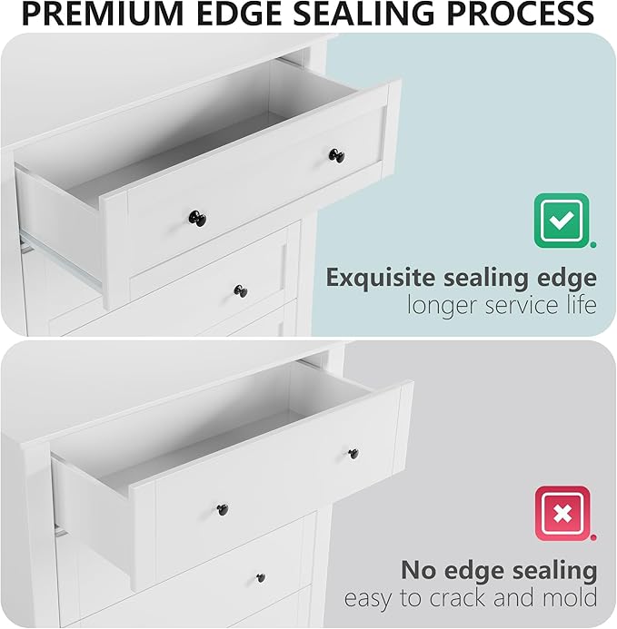 Modern 5 Drawers Dresser for Bedroom, Tall Wood Chest of Drawers for Clothes, Big Storage Dressers Organizer with Gold Handles & Deep Drawers, Living Room, Closet, Hallway, White