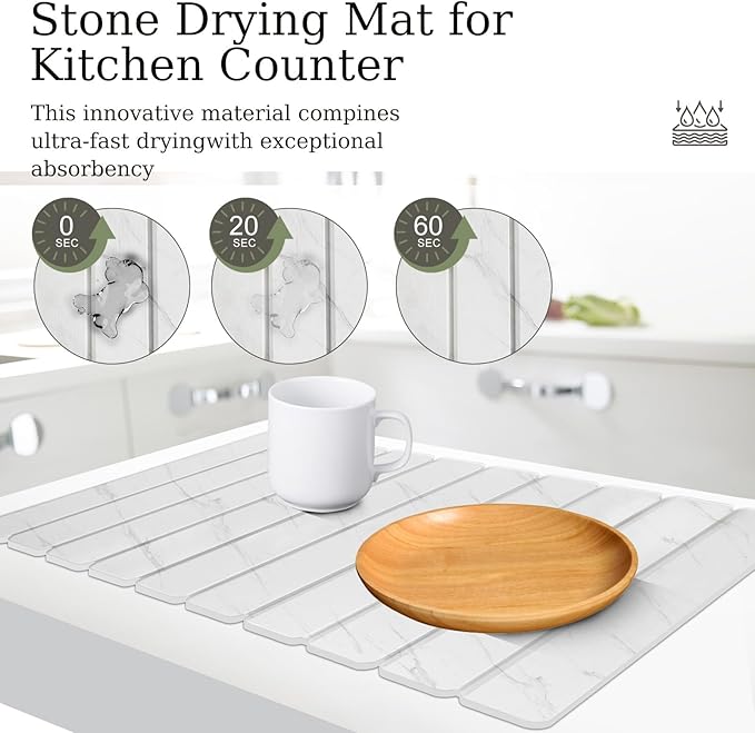 Hopegiver Stone Drying Mat for Kitchen Counter, 24"x16" Marble-Pattern Quick Dry Dish Mat, Elegant Absorbent Diatomaceous Earth Mat for Dishes Countertop Sink Bathroom, Includes Sanding Block