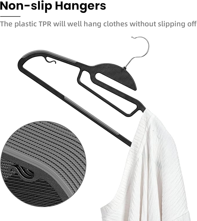 Heavy Duty Plastic Hangers 50 Pack with Non-Slip Design,0.2 Inches Thick,360°Swivel Hook Space Saving Organizer for Bedroom Closet,Shirts,Pants,Strong Enough for Coat(Black- S Shaped)