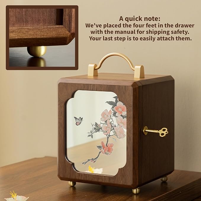 Kinsuite Black Walnut Jewelry Box - 4-tier Jewelry Organizer with Secure Double-Door, Safe with Lock for Earring, Ring, Necklace, Bracelets, Mirror with Floral & Butterfly Patterns