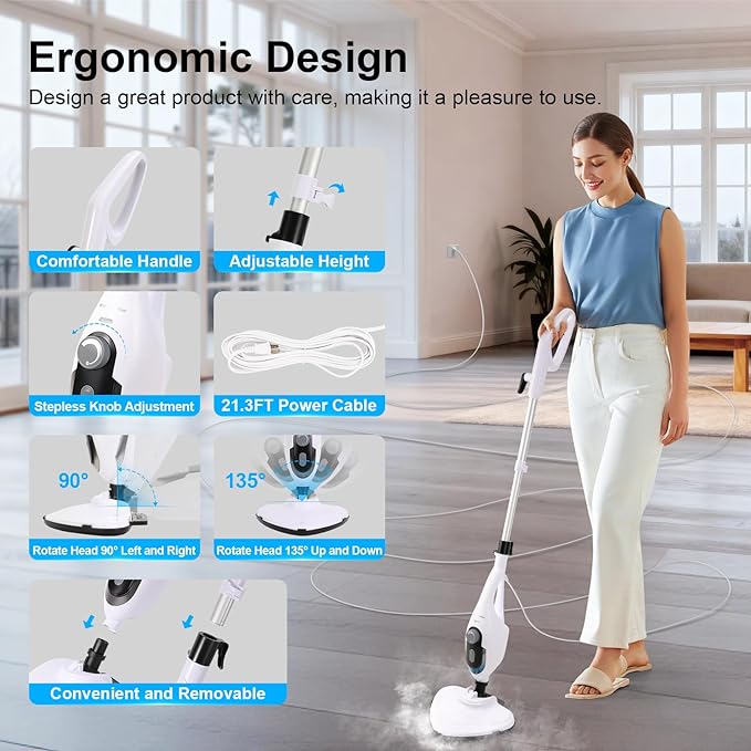 11-in-1 Steam Mop, 1550W Powerful Handheld Steam Cleaner, 260°F Multi-Functional Floor Steamer with 21.3FT Cord for Floors, Hardwood, Tiles, Grout, Windows, Kitchen, Bath, Adjustable (White)