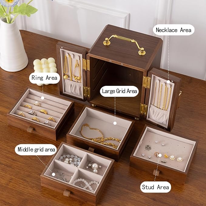 Black Walnut Jewelry Organizer, Wooden Jewelry Box with Gold Handle & Mirrored Flowers, 4 Layers of Storage | Perfect for Anniversaries, Birthdays, Weddings (Brown, 6.29"D x 5.9"W x 7.08"H)