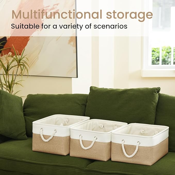 Large Storage Baskets- 15.7x11.8x8.26 inch Storage Bins for Shelves and Closet Organizing, Foldable Fabric Bin for Home Organization Clothes and Laundry (1-Pack, White&Khaki)