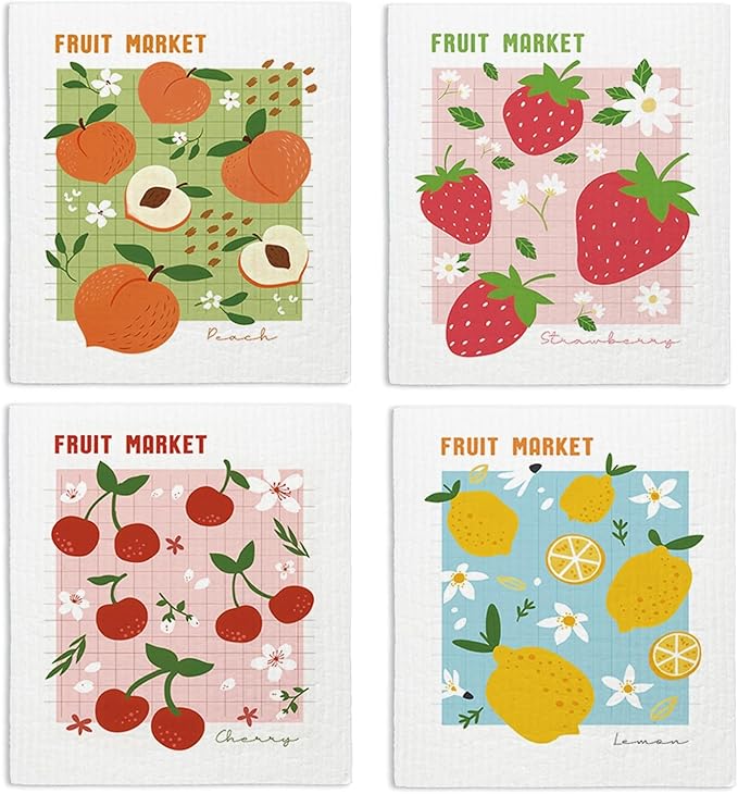 LARTSFRO Swedish Dishcloths for Kitchen, Pink Strawberries Peach Cherry Lemon Swedish DishCloths for Friut Market, 4 Pack Dish Towels for Kitchen, Papaya Reusable Paper Towels Washable