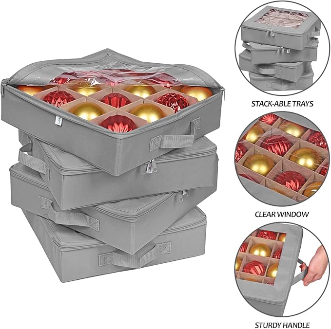 ProPik 4 Pcs Christmas Ornament Storage Boxes with Dividers, Transparent Top Zipper Closure, 4 Individual Ornament Holder Trays, Keeps 64 Holiday Ornaments, Ornament Organizer Storage Box (Gray)