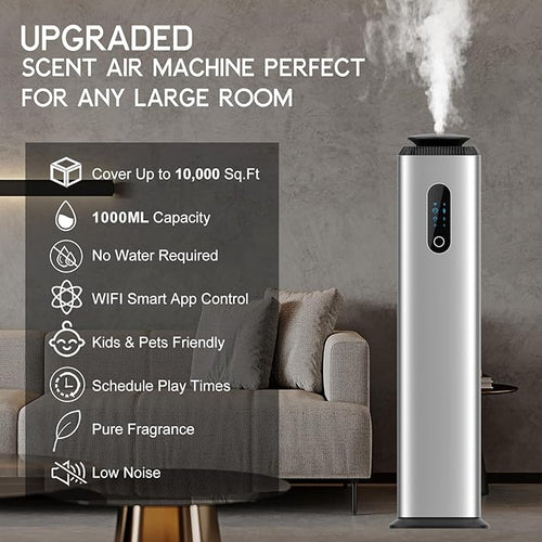 1000ML- Tower Hotel Scent Diffuser with WiFi App Control for Whole House - Commercial Diffuser Machine Cover 10000 Sq Ft - Scent Air Machine & Waterless Essential Oil Diffuser for Large Room - Silver