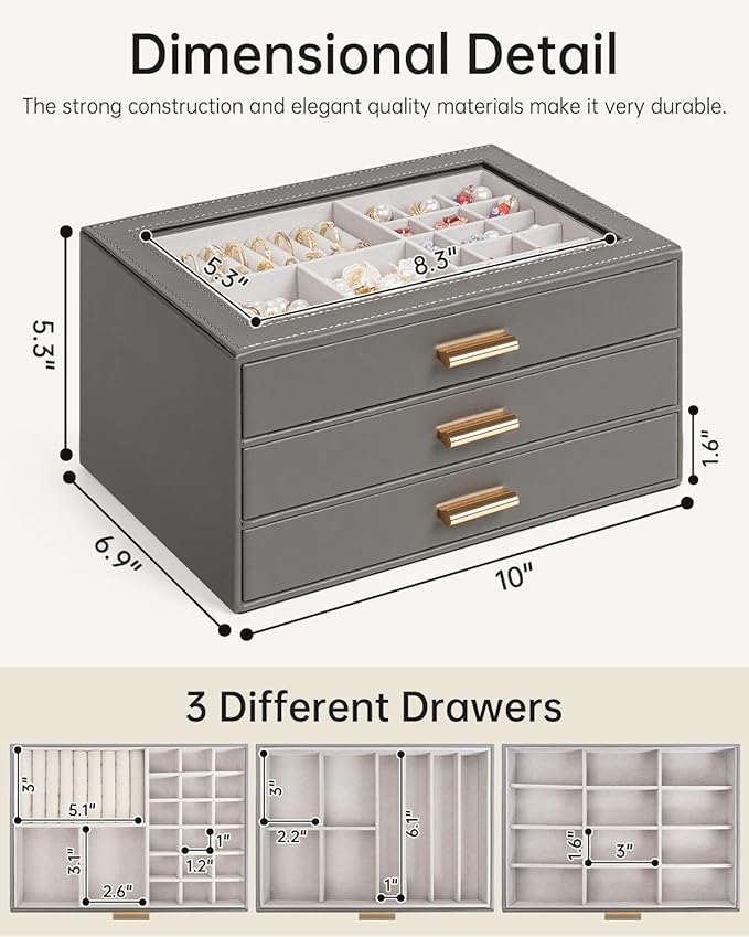 AKOZLIN Jewelry Box with Clear Lid Functional Leather Jewelry Storage Organizer Case 3 Drawers for Women Girls Necklace Ring Bracelet Earring