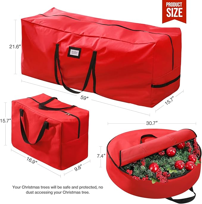 3 Pack Christmas Tree Storage Bag, for Artificial Trees up, Sturdy Waterproof With Reinforced Carrying Handles, Xmas Holiday Garland Bag Storage Case (Red, 9 Ft)