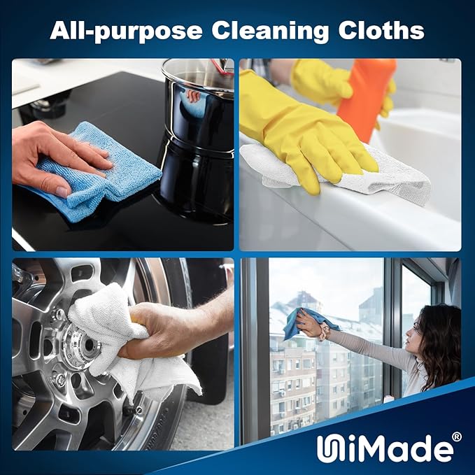 UNIMADE Shop Towels, 100 Sheets Microfiber Cleaning Cloth Commercial Grade Washcloths Lint-Free Bulk Shops Rags for Cars Mechanic Restaurant Garage Housekeeping, 11"x 9", Blue