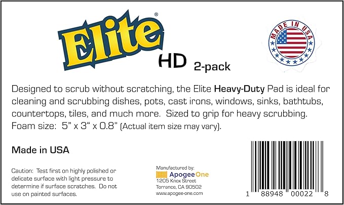 Elite HD (Heavy Duty) All Purpose Cleaning Pad, 2 Pack, Non Scratch, Dish Sponge, Scrubber, Made in USA. Large Thick Sponge for Household and Industrial Use. Sized to Grip for Heavy Scrubbing.