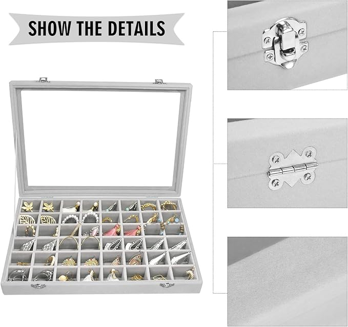 Velvet Jewelry Tray 48 Grid Jewelry Display Tray Organizer Box with Transparent Lid Rings Earrings Necklaces Pendants Display Box Suitable for Women and Girls (Grey)