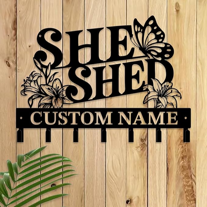 Personalized She Shed Metal Keys Hooks,Custom Name Metal She Shed Keys Hooks,Black Metal She Shed Wall Home Storage Decorative Keys Hooks,Key Holder Hooks for Wall (Style B)