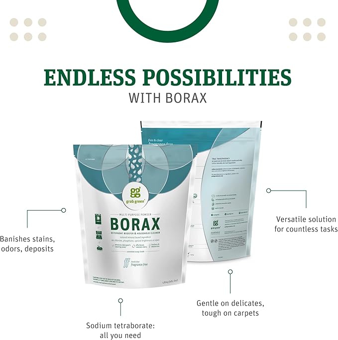 Grab Green Borax Natural Laundry Detergent Booster and Household Multipurpose Cleaning Powder, 4 lbs, Superior Cleaning Power, Plant and Mineral Based