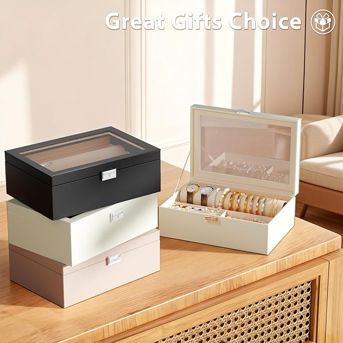 Jewelry Organizer Box with Clear Glass Lid, Bracelet Holder Jewelry Storage Case for Earrings, Rings, Bangles, Watches - PU Leather Jewelry Display Box Gifts for Women Girls, Pink