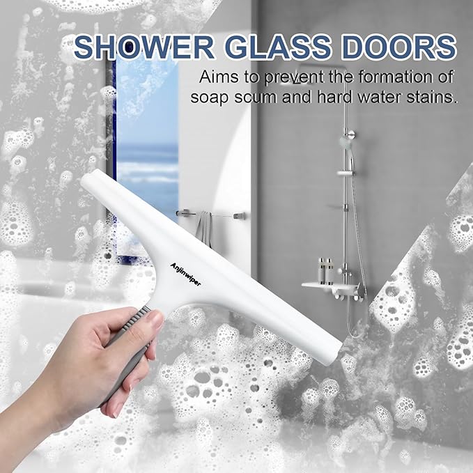 Anjinwiper Silicone Shower Squeegee with Hook, Bathroom Squeegee for Shower Glass, Squeegee for Shower Doors, Mirror and Window, Shower Squeegee for Tile Shower Walls(10 inch, White & Gray)
