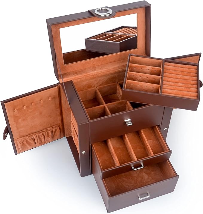 Kendal Jewelry Box for Women, Leather Jewelry Organizer with 2 Drawers and Mirror, Portable Travel Case for Necklace, Ring, Jewelry LJC08BRN