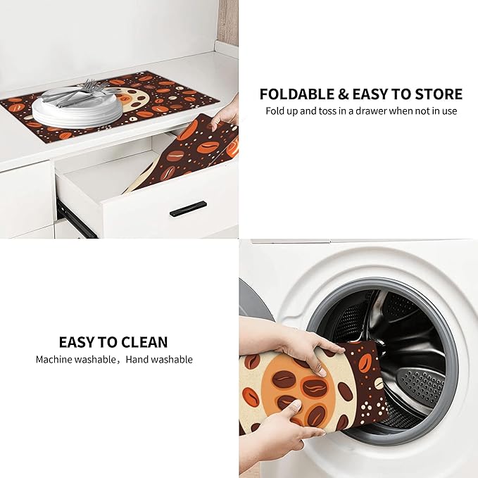 Coffee Beans Dish Drying Mat for Kitchen Counter Microfiber Super Absorbent Non-Slip Dish Drying Pad for Countertops Dishes Utensils Stylish Quick-Dry Machine Washable 18x24 Inch