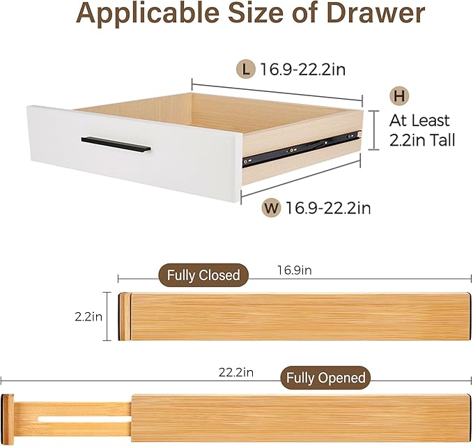 Bamboo Drawer Divider Set of 8, Adjustable Spring-Loaded Drawer Organizer (16.9"-22.2"), 2.3" Height, Suitable for Kitchen, Desk, Bathroom, Clothing, and Miscellaneous Drawer Organization, Natural