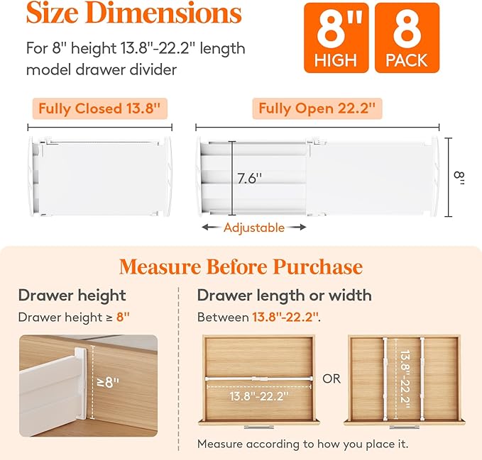 Lifewit 8" High 8 Pack Deep Drawer Dividers, 35 –55cm/13.8-22.5" Adjustable Dresser Drawer Divider, White Drawer Organizer for Clothes, Tall Drawer Separator for Dresser Kitchen Bedroom Cabinet Office