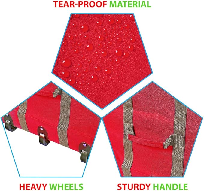 ProPik Rolling Christmas Tree Storage Bag, Fits Up to 9 Foot Tall Disassembled Trees, 25" X 25" X 60", Extra Large Heavy Duty Xmas Container with Wheels, Handles and Straps (Red)