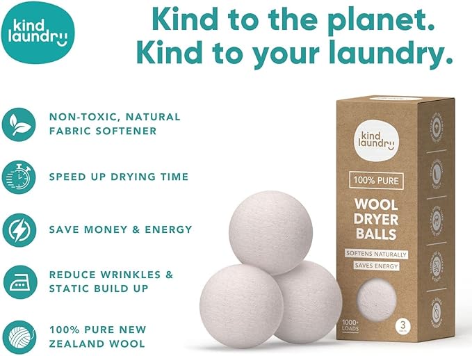 KIND LAUNDRY Wool Dryer Balls (3-Pack) & Detergent Sheets - Eco-Friendlier, Organic and Reusable Fabric Softener