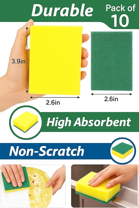 The FaarSky Double-Sided Kitchen Cleaning Sponges, 10-Pack, Heavy-Duty Scrubbing and Soft Absorbent Sides, Non-Scratch