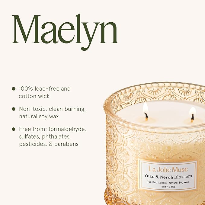 LA JOLIE MUSE Yuzu & Neroli Blossom Candle - Yuzu, Orange Blossom, Cedarwood | 12 oz Large 2-Wick Soy Wax Candle | 60 Hours Clean Burn | Citrus Scented Candle | Elegant Home Décor