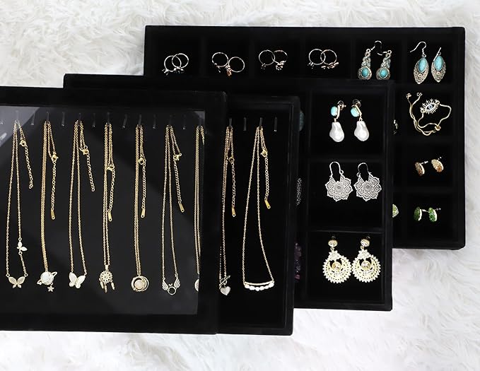 Wudygirl Jewelry Organizer Set of 4 Jewelry Tray with Lid Velvet Jewelry Box Jewelry Storage for Earring Necklace Ring Display Bracelet Holder Stackable (Black)