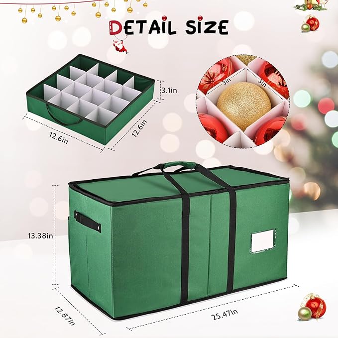 Mrrihand Christmas Ornament Storage Box, Ornament Storage Container with 8 Trays-Xmas Decoration Organizer Keeps 128 Holiday Ornaments 3-Inch, Dual Zipper Closure, 600D Tear-Proof（Green）