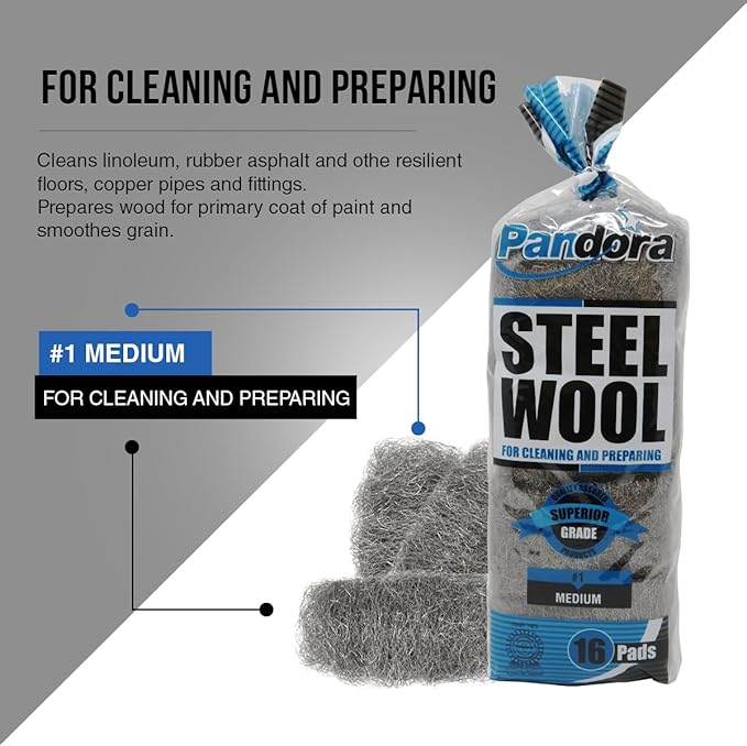 Pandora Steel Wool #1 – Medium Grade, 32 Pads for Cleaning and Preparing- Metal Strands - Ideal for Linoleum Floors, Bowling Balls, and Shoe Soles