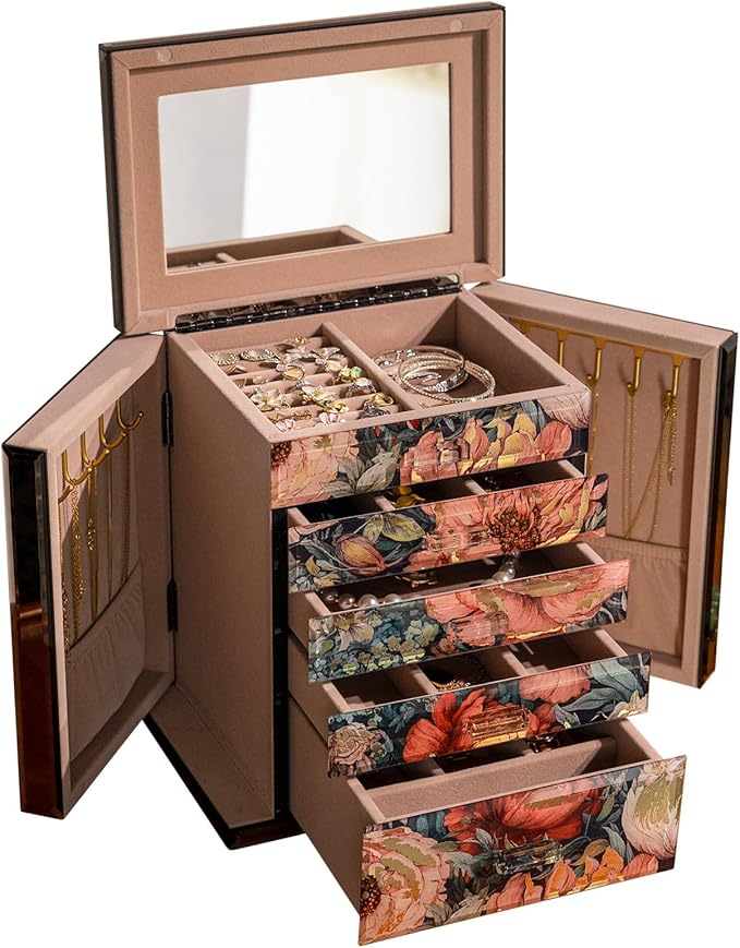 Glass Vintage Painting Jewelry Box,5-Layer Storage Case,Art Desktop Decorations Gift for Women,Jewelry Organizer For Necklaces Rings Earrings Bracelets