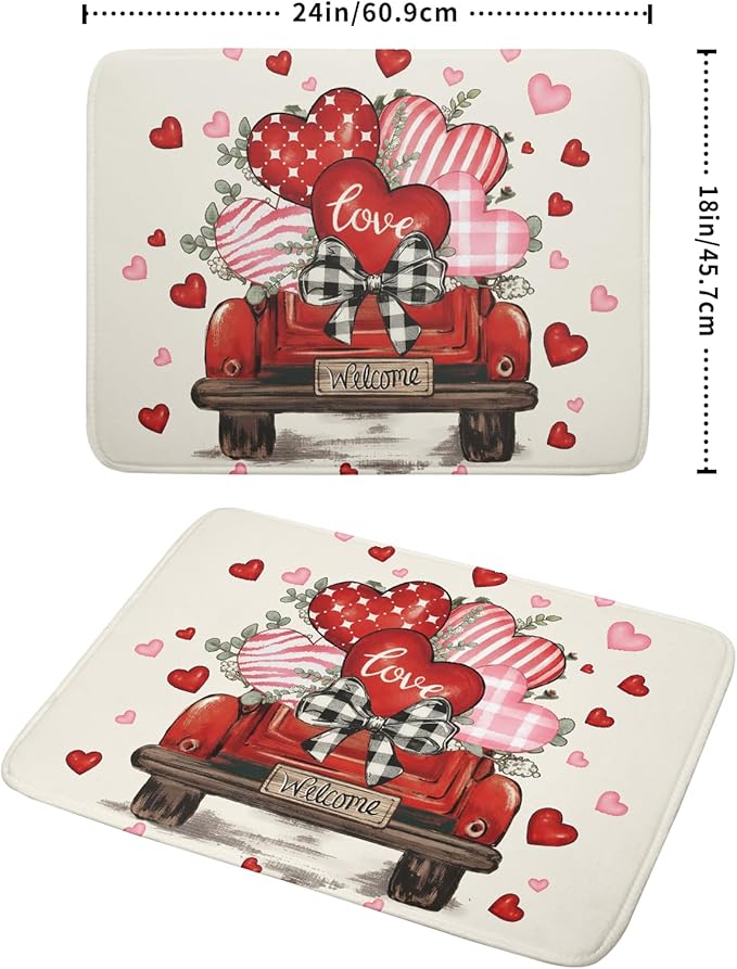 Valentines Day Red Truck Dish Drying Mat for Kitchen Counter 24x18 Inch Pink Heart Drying Mat with Absorbent Reversible Microfiber Love Dish Drainer Mats Rack Pad for Coffee Countertop Protector