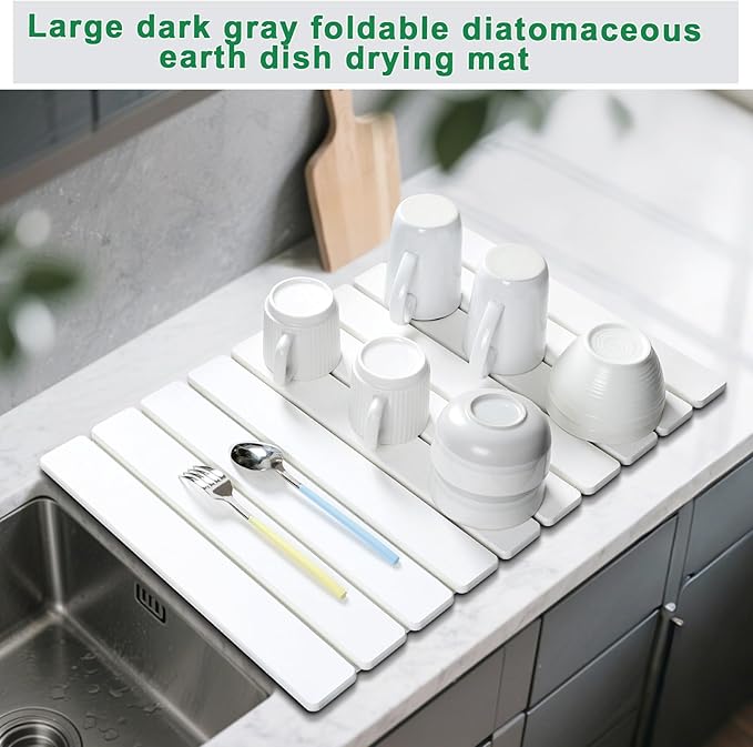 Stone Drying Mat for Kitchen Counter, Large Foldable Diatomaceous Earth Dish Drying Rack, Absorbent Diatomaceous Quick Dry Stone Mat Kitchen Dishes Bottles Cups Bathroom Any Countertop 24"(L)×16"(W)