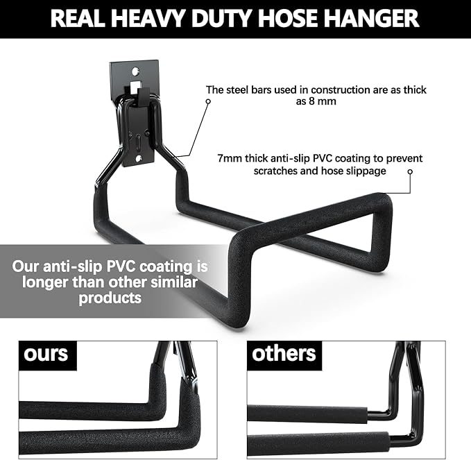3-H Solid Steel Garden Hose Holder - Wall Mounted Hanger with Extension Strap for Outdoor Water Hoses & More