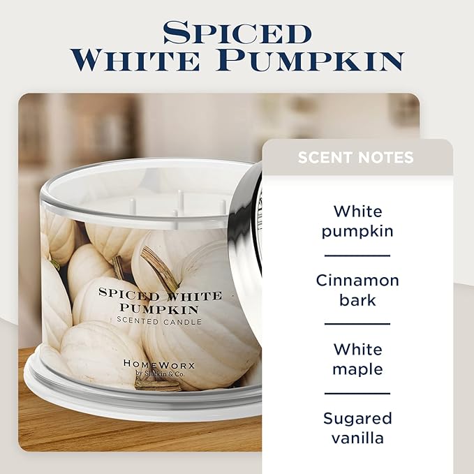 Spiced White Pumpkin 18 oz 4-Wick Candle by HomeWorx | Cozy Aromatherapy | Long-Lasting Fragrance | Winter Home Decor Essential