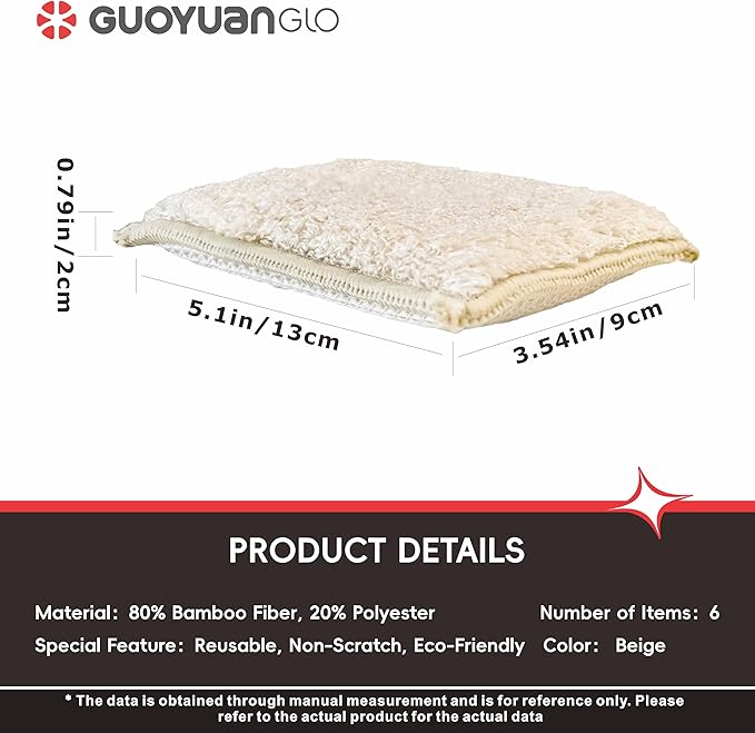 GUOYUANGLO Bamboo Kitchen Sponges Heavy Duty Natural Cleaning Sponges Non-Scratch Dish Sponge for Dishes, Pots and Pans-Beige,6 Pack