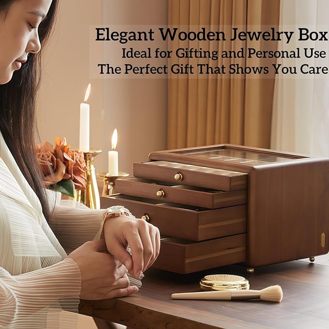 Solid Wood Jewelry Organizer,Vintage Jewelry Box for Women,4 Layer Wooden Box,Jewelry Storage with Glass Lid,Organizers and Storage for Rings,Earrings,Necklace,Watches,Gifts(No Mirror)