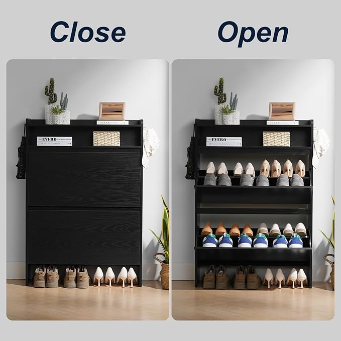 Shoe Cabinet Organizer with 2 Flip Drawers，Freestanding Shoe Rack Cabinet, Shoe Cabinet Storage for entryway, Foyer, Hallway, Black, 31.5" W