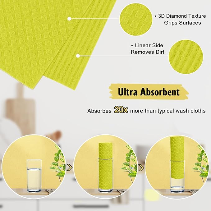MoLKENE Swedish Dishcloths for Kitchen | 6 Pack Absorbent Cellulose Sponge Cloths Washable | Non-Scratch Reusable Paper Towels Quick Drying Cleaning Cloths - Yellow