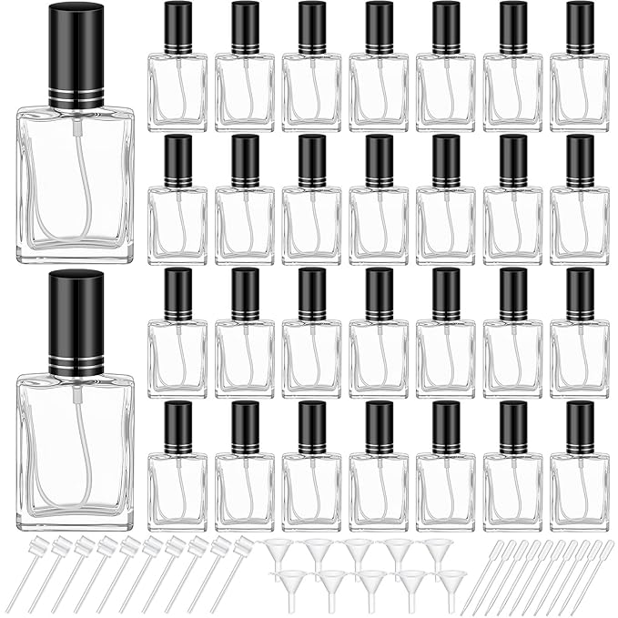 Domensi 30 Pcs 15 ml Glass Perfume Bottles Mini Glass Empty Spray Atomizer Bottles Bulk Refillable Small Perfume Dispenser Container with Pump Tool for Travel Plants Hair Cleaning Skin Care(Black)