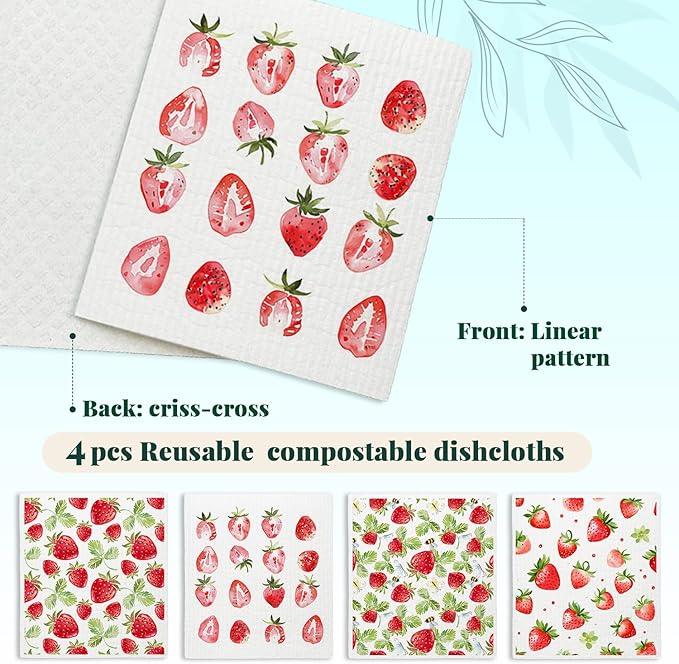 LARTSFRO Strawberries Swedish Dishcloths for Kitchen, Pink Swedish Dish Cloths for Friut, Papaya Reusable Paper Towels, 4 Pack Cleaning Cloth for Kitchen, Reusable Paper Towels Washable